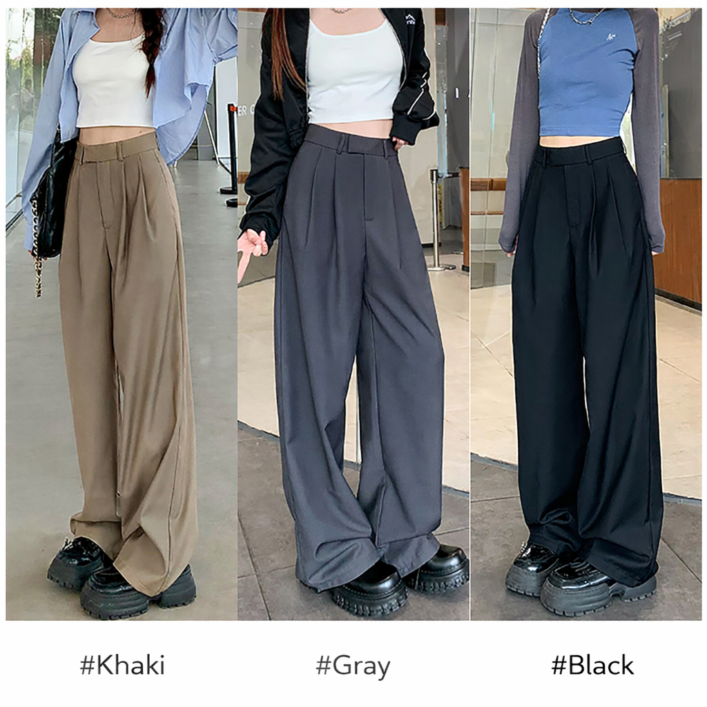 Khaki Wide-Leg Slacks for Women – 2025 Autumn/Winter High-Waist Straight Drape Suit Pants