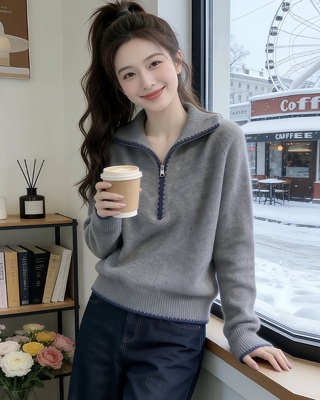 Contrasting half-zip turtleneck knitted top