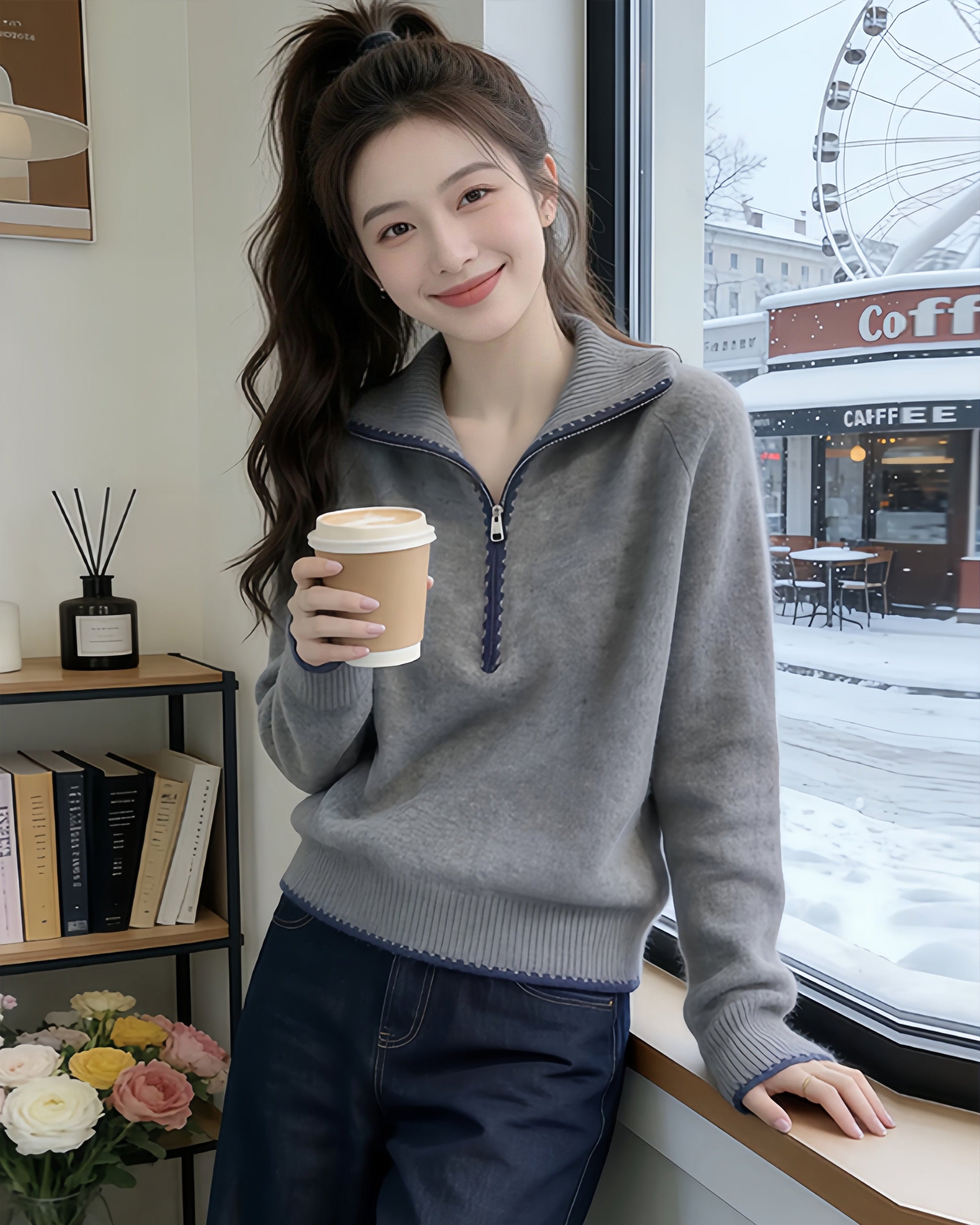 Contrasting half-zip turtleneck knitted top