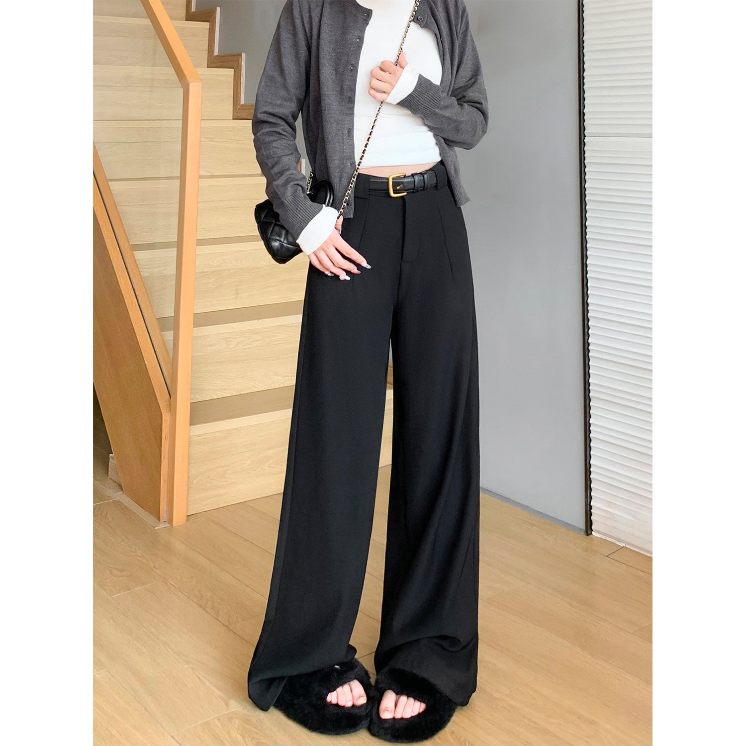 Women’s Black Wide-Leg Pants – 2025 Fall/Winter Loose Casual Straight-Leg Drape Suit Pants