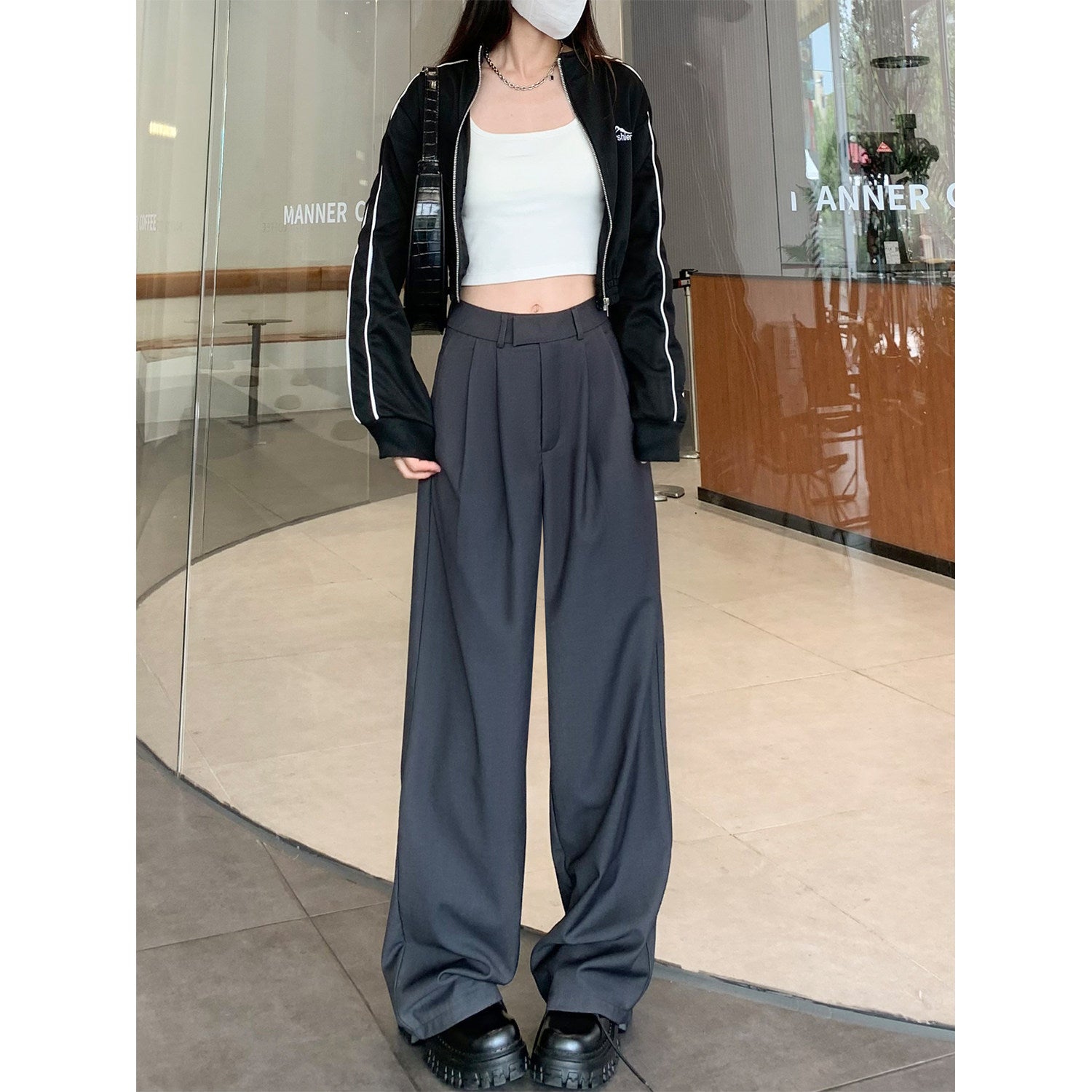 Khaki Wide-Leg Slacks for Women – 2025 Autumn/Winter High-Waist Straight Drape Suit Pants