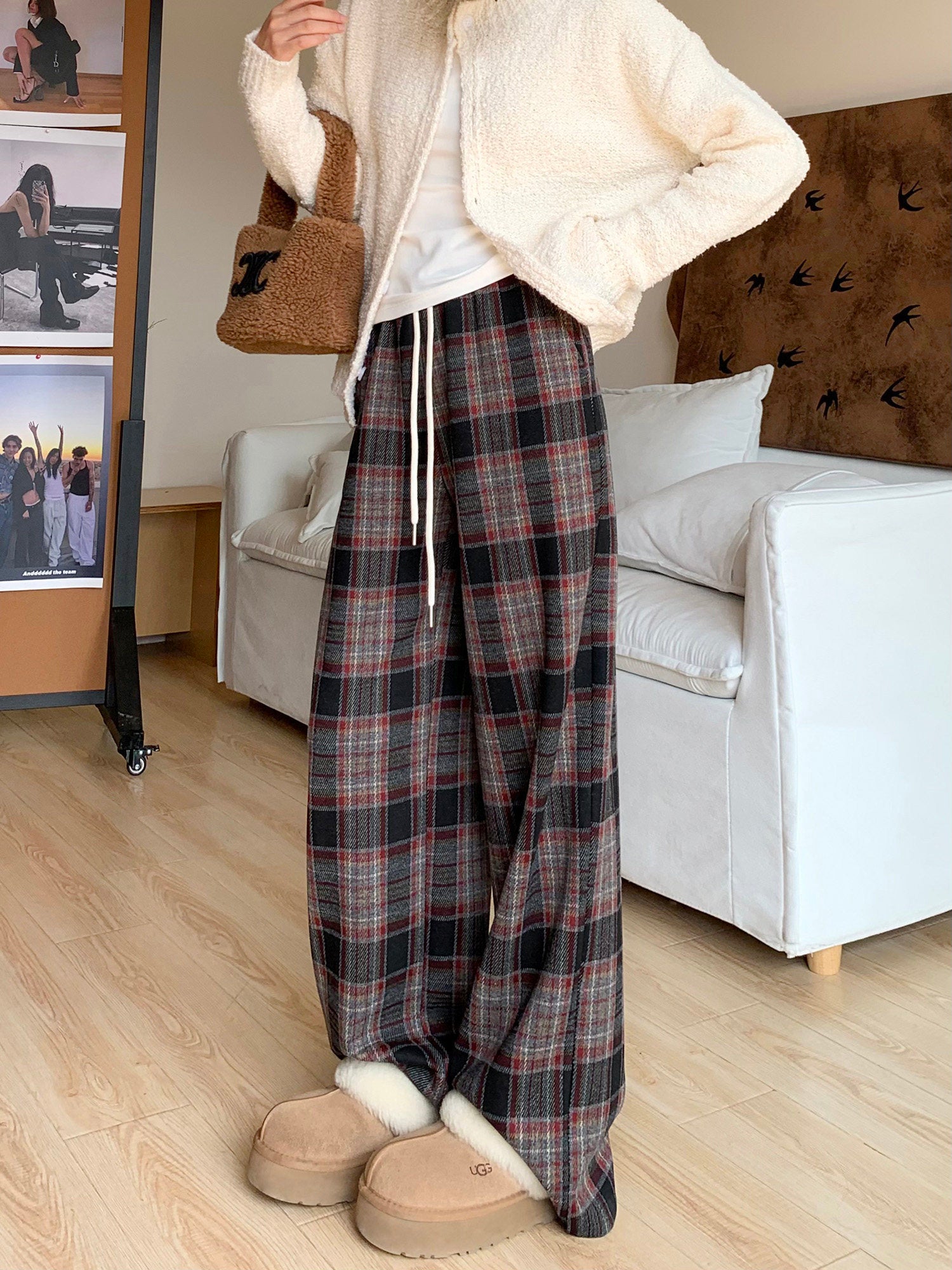 Women’s Plaid Wide-Leg Pants – 2025 Winter Fleece Thickened Straight-Leg Drape Sweatpants