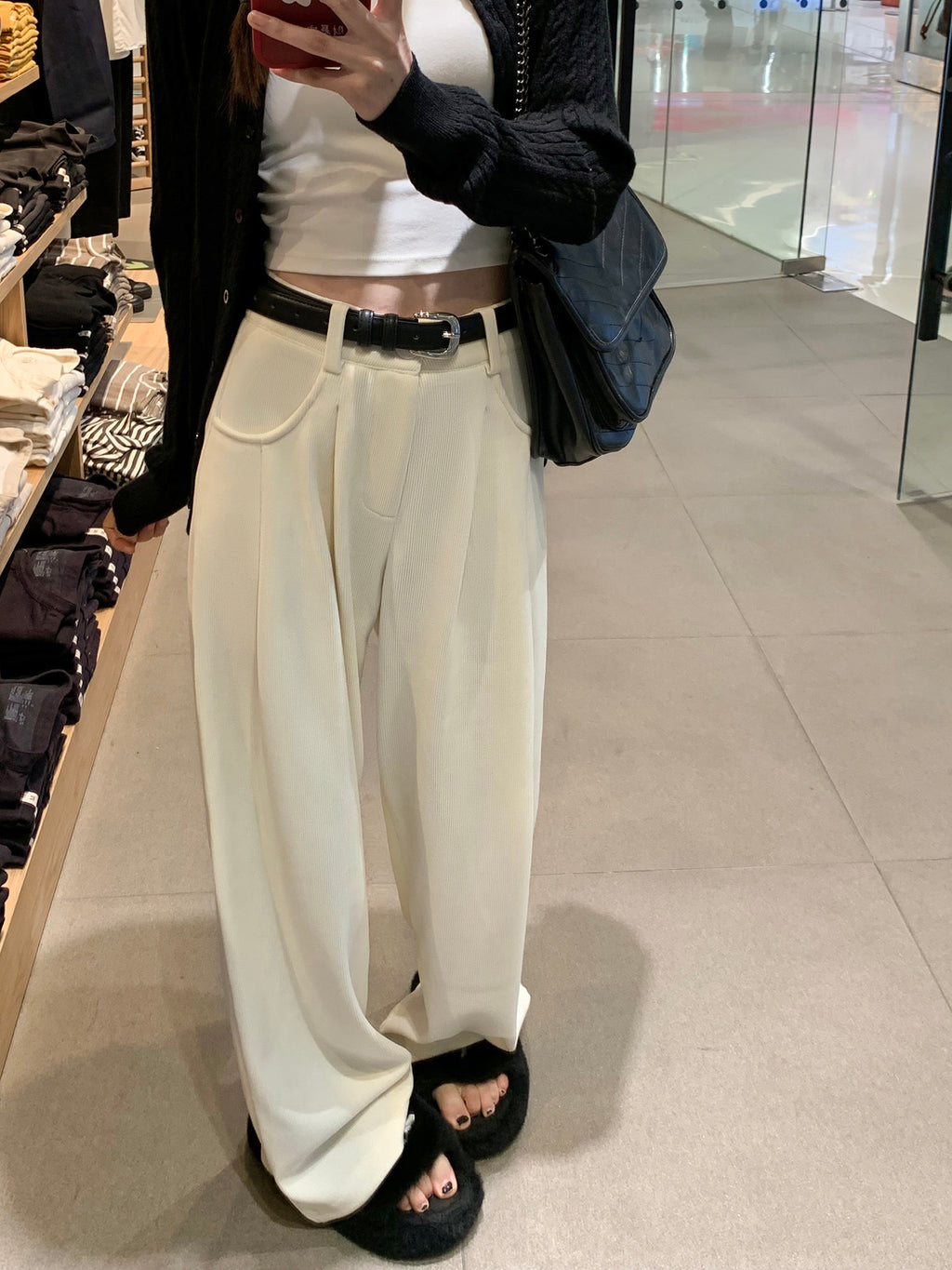 Women’s Winter White Wide-Leg Pants | Fleece Lined Straight-Leg Drape Pants