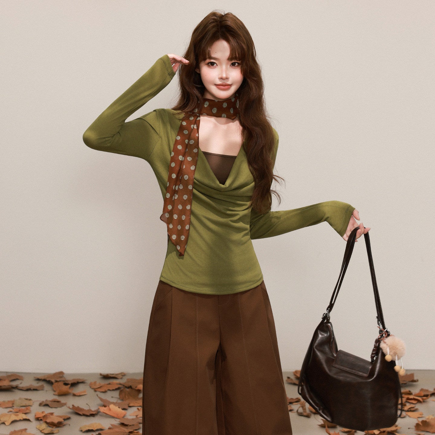 Silk Scarf Neck Two-Piece Top - Brown