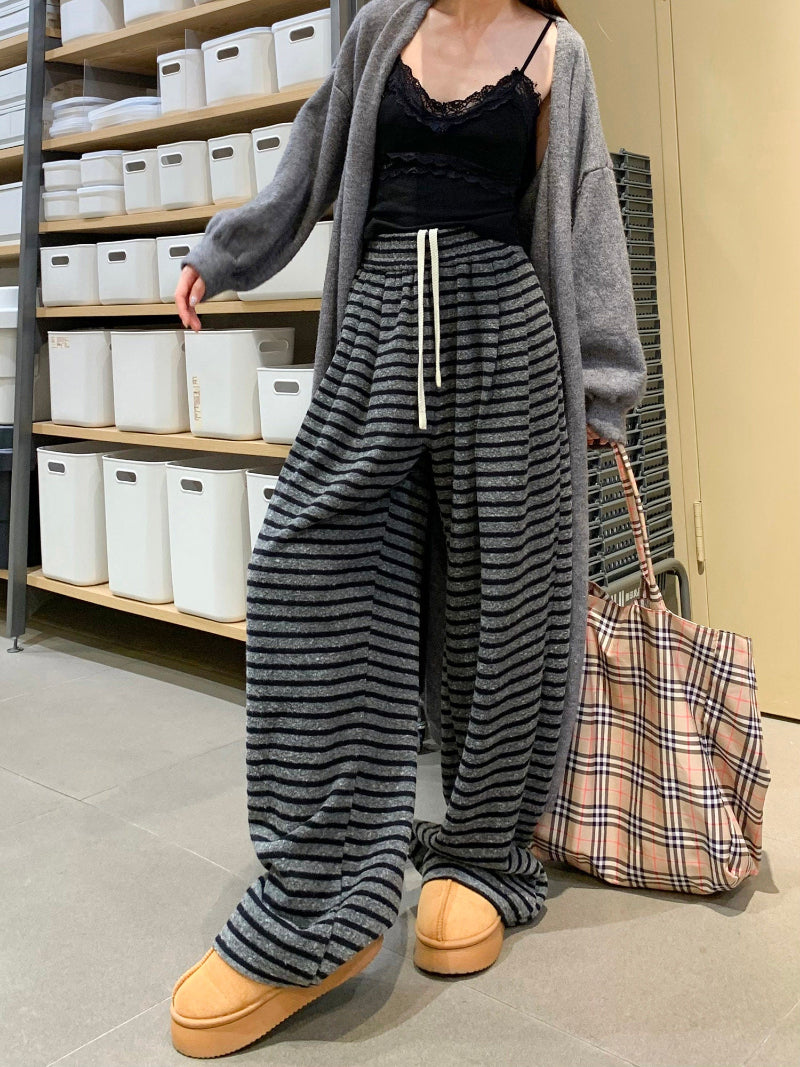 Women’s Gray Stripe Wide-Leg Fleece Pants – Winter Warm Lined Jogger Sweatpants