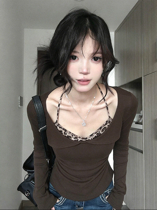 Leopard Print Fake Two-Piece V-Neck Long Sleeve Top