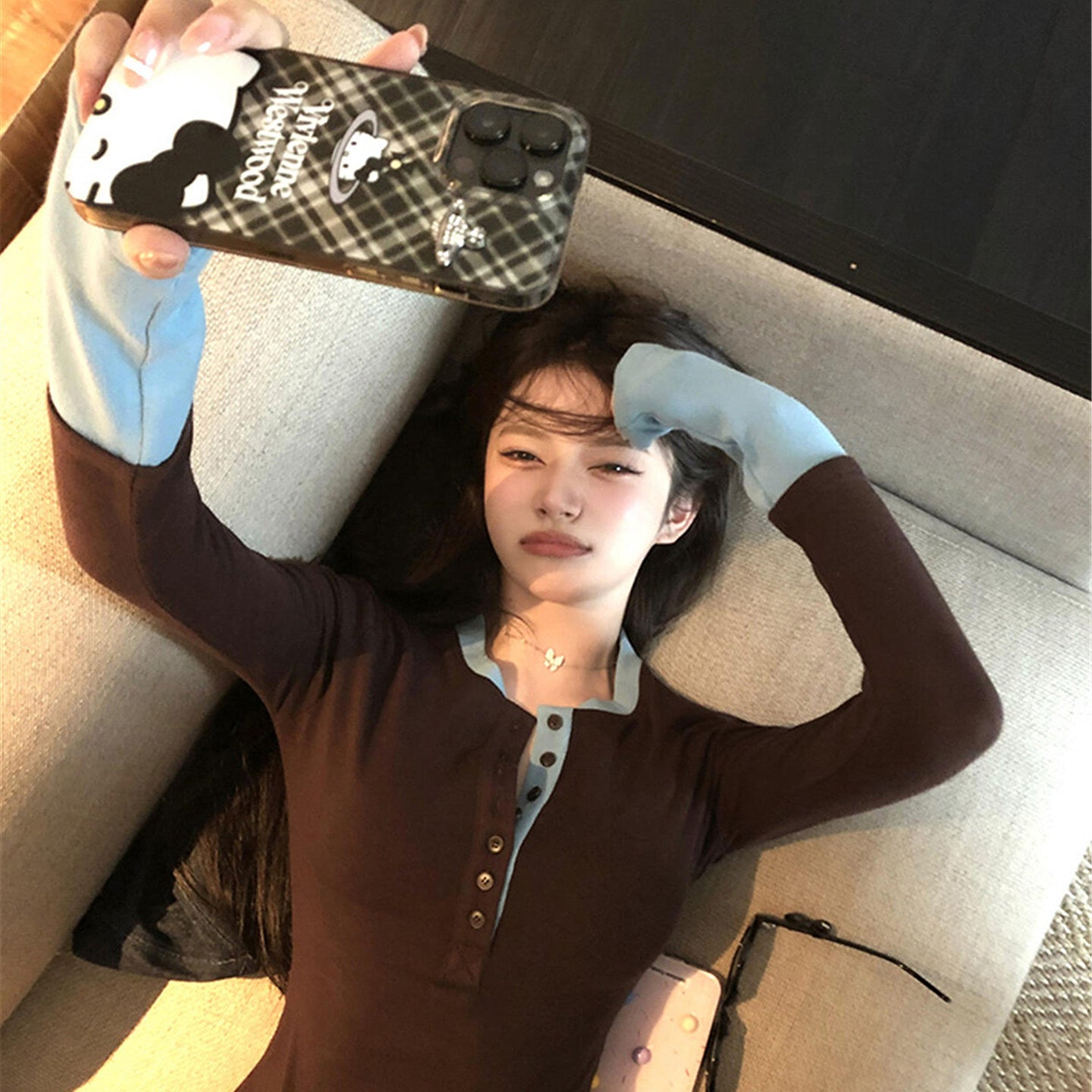 Korean Retro Color-Block Layered Long-Sleeve Top