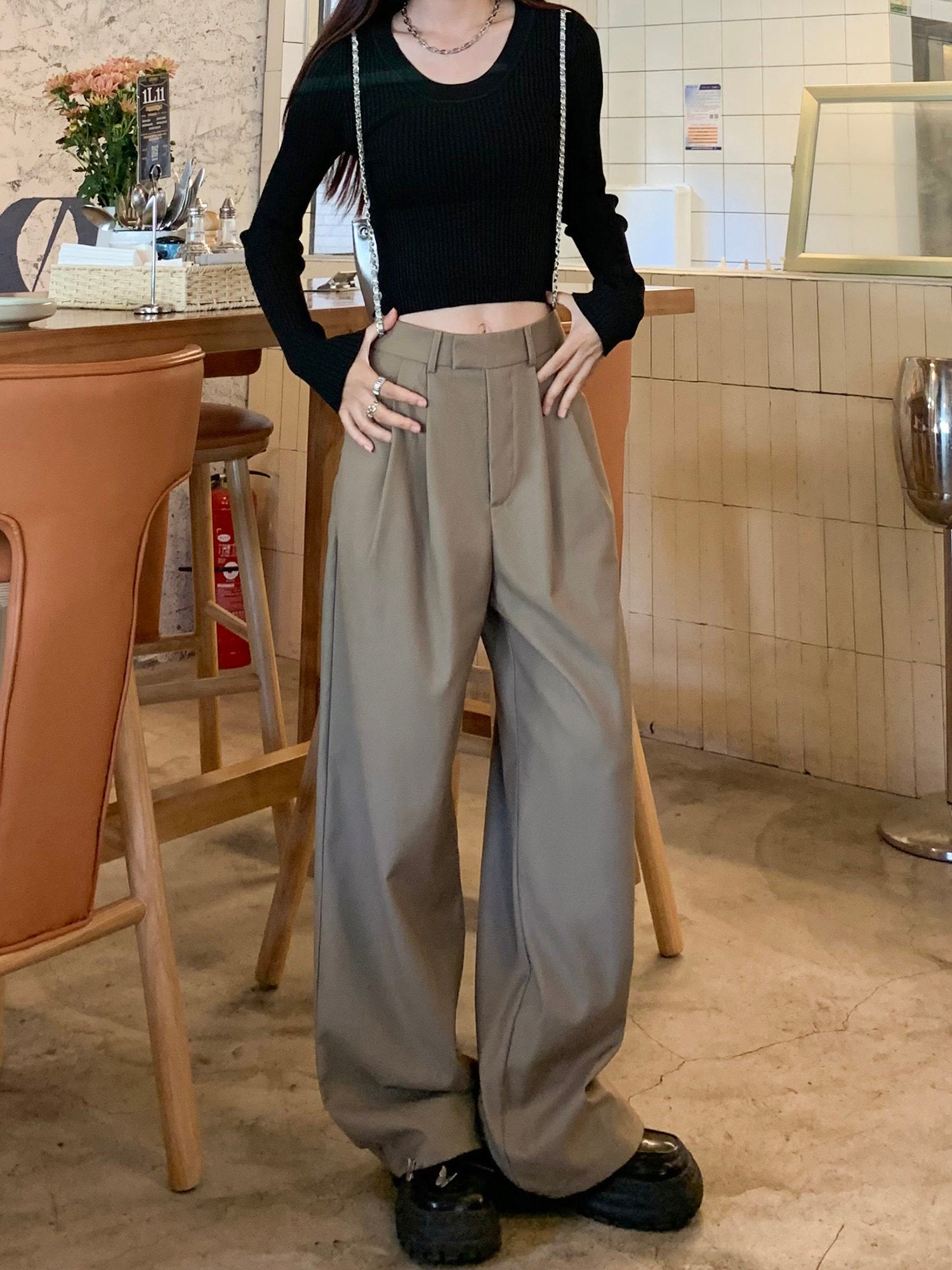 Khaki Wide-Leg Slacks for Women – 2025 Autumn/Winter High-Waist Straight Drape Suit Pants