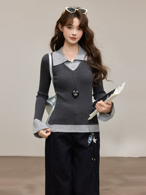 Gray Layered Knit Jacket - Lapel Design
