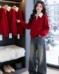 Red Polo Collar Knit Sweater - 2026 Spring/Autumn