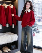 Red Polo Collar Knit Sweater - 2026 Spring/Autumn