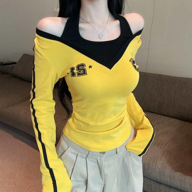 Color Block Off-Shoulder Faux Two-Piece Top