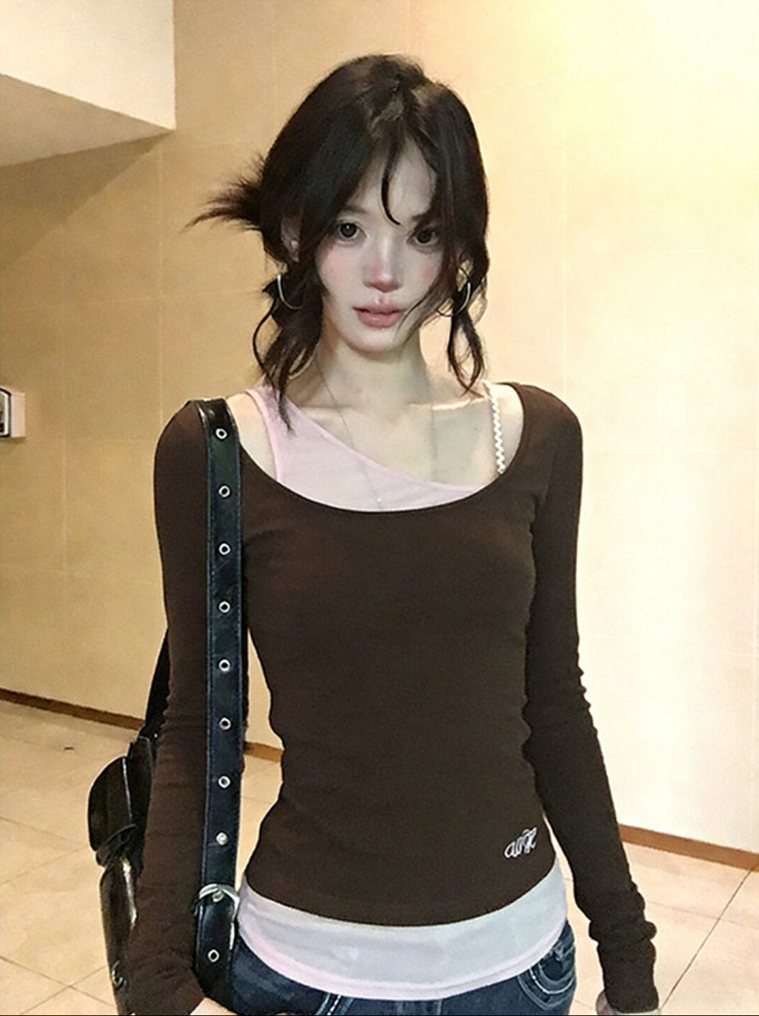 Faux Two-Piece Butterfly Bow Long Sleeve Top – Slim Fit