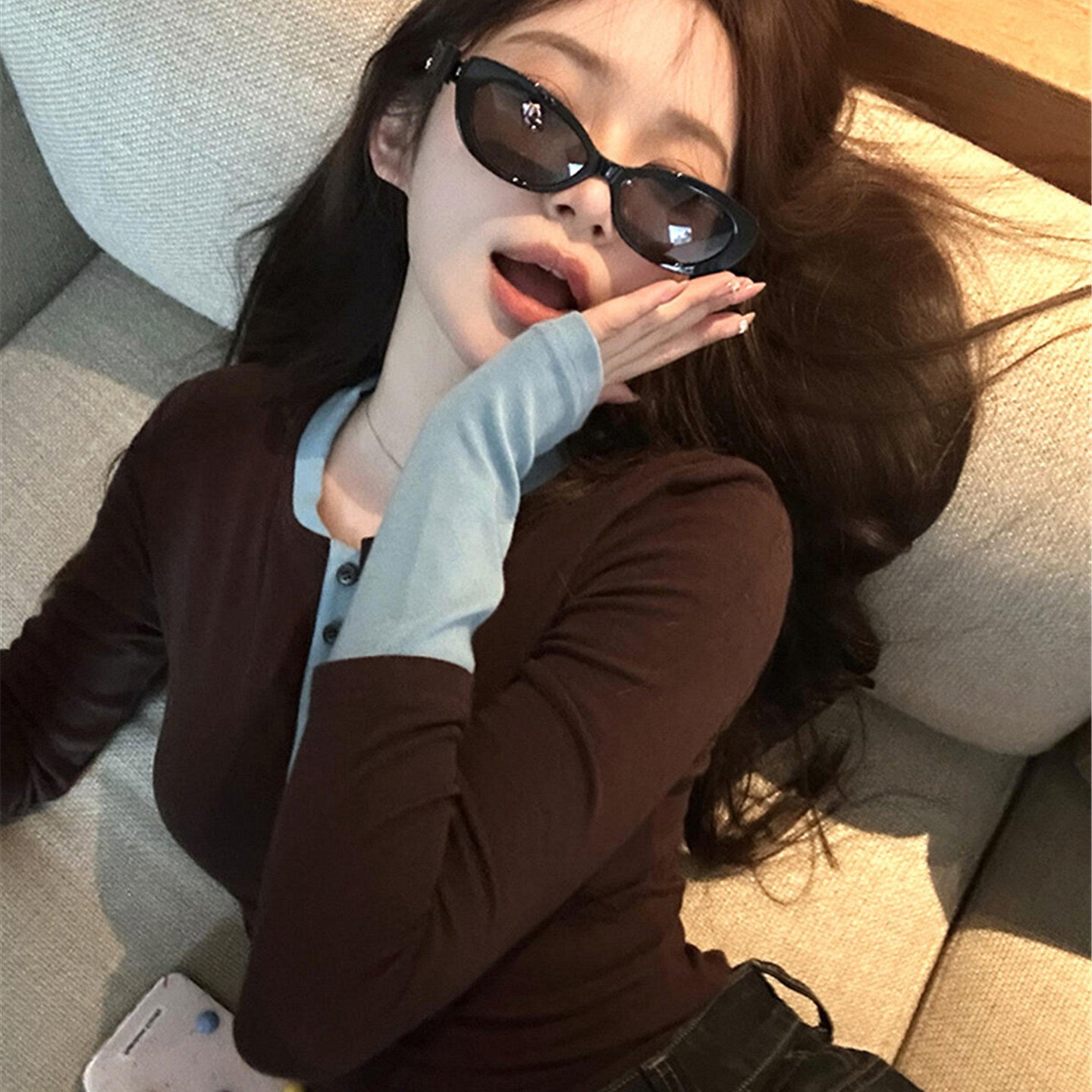 Korean Retro Color-Block Layered Long-Sleeve Top