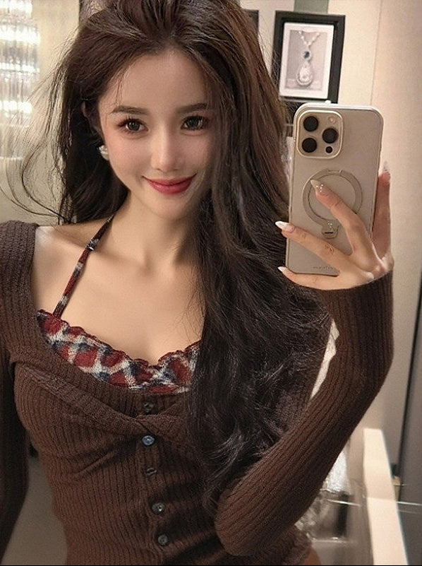 Korean Color Block Fake Two-Piece Long Sleeve Top