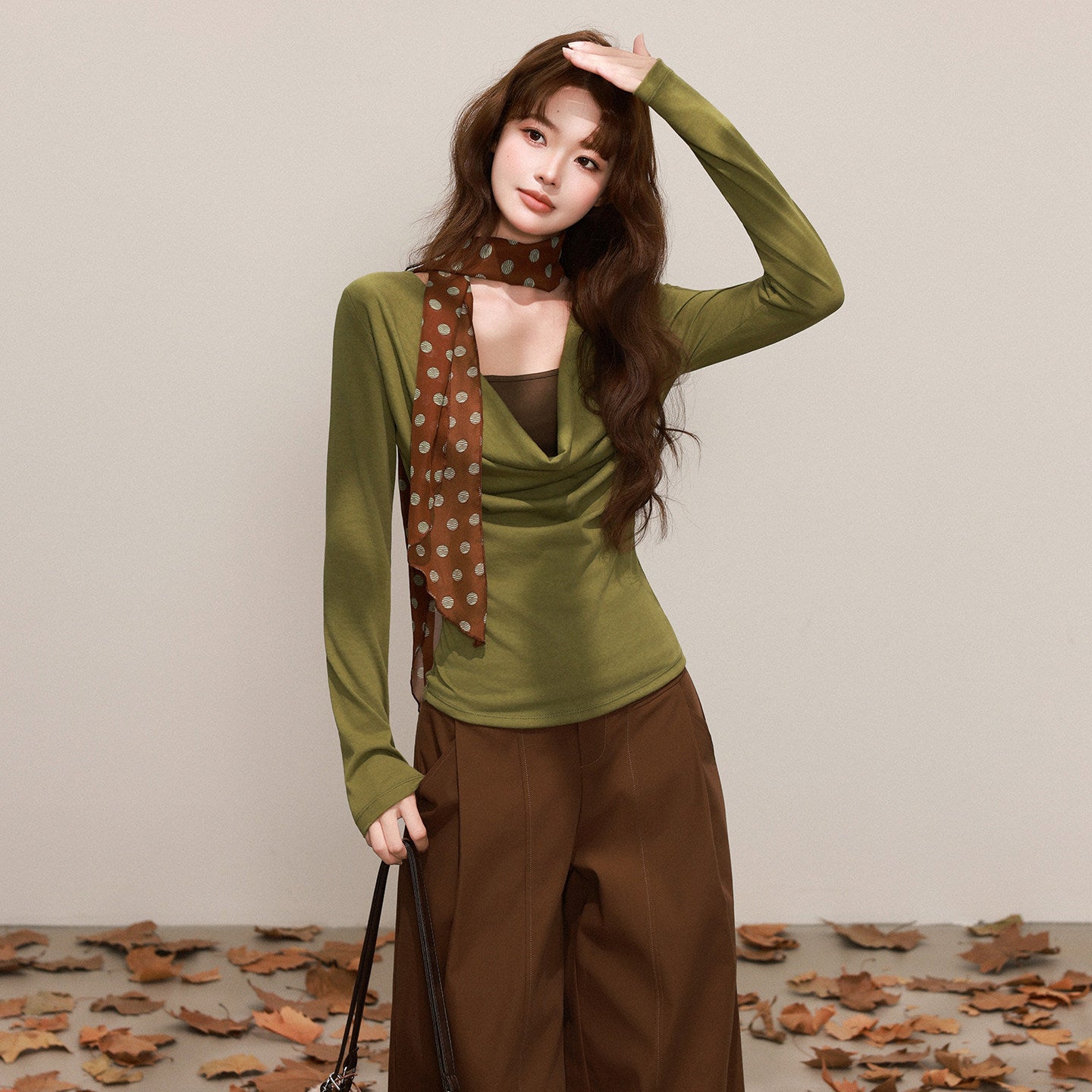 Silk Scarf Neck Two-Piece Top - Brown