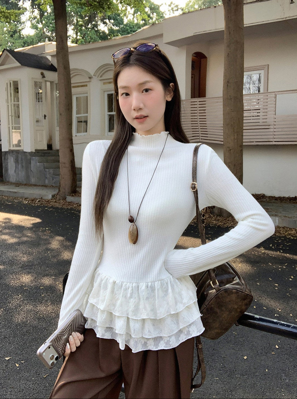 Lace Hem Long Sleeve T-shirt