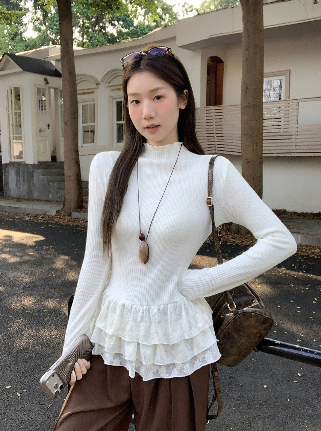 Lace Hem Long Sleeve T-shirt