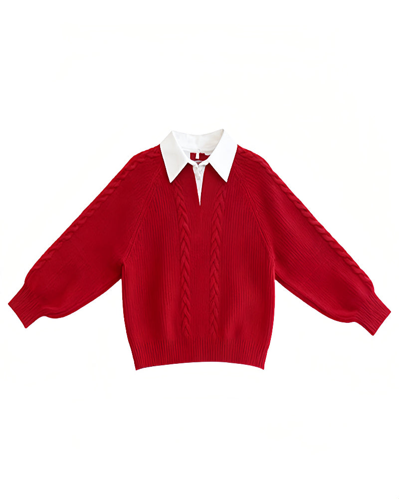 Red Polo Collar Knit Sweater - 2026 Spring/Autumn