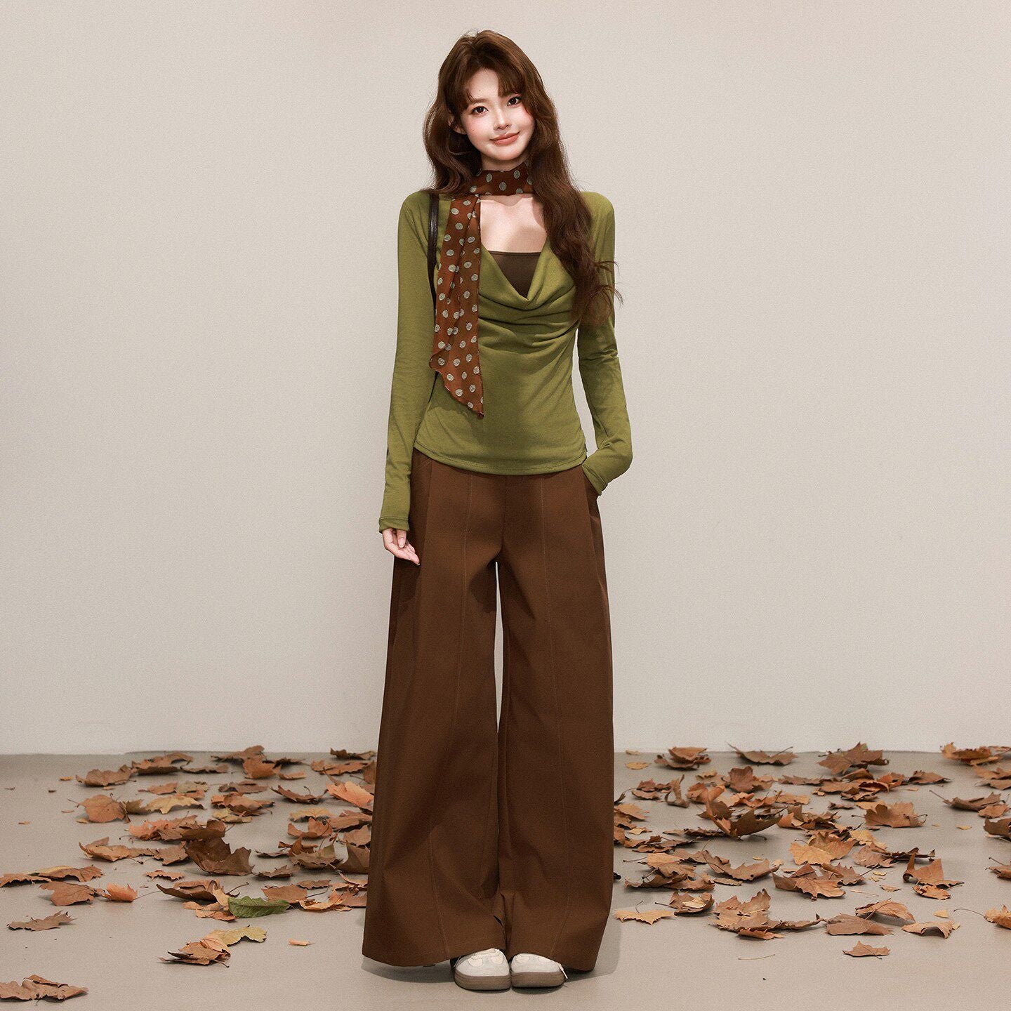 Silk Scarf Neck Two-Piece Top - Brown