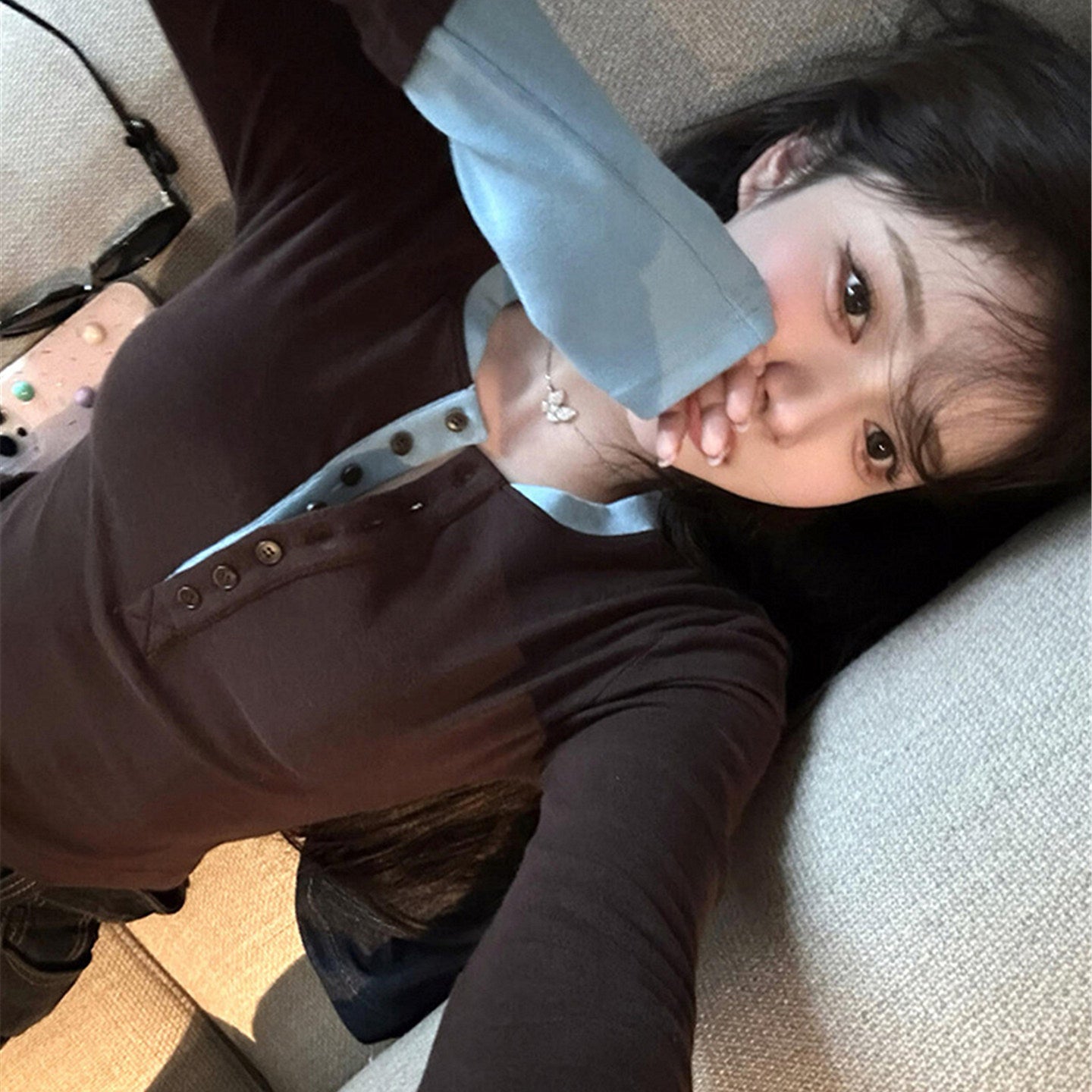 Korean Retro Color-Block Layered Long-Sleeve Top