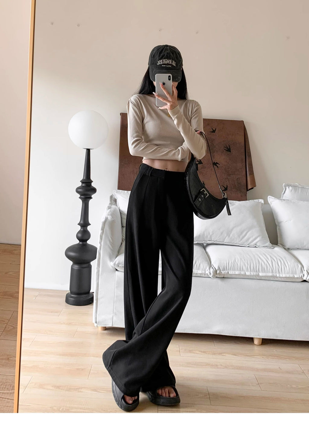 Women’s Black Wide-Leg Pants – 2025 Fall/Winter Loose Casual Straight-Leg Drape Suit Pants