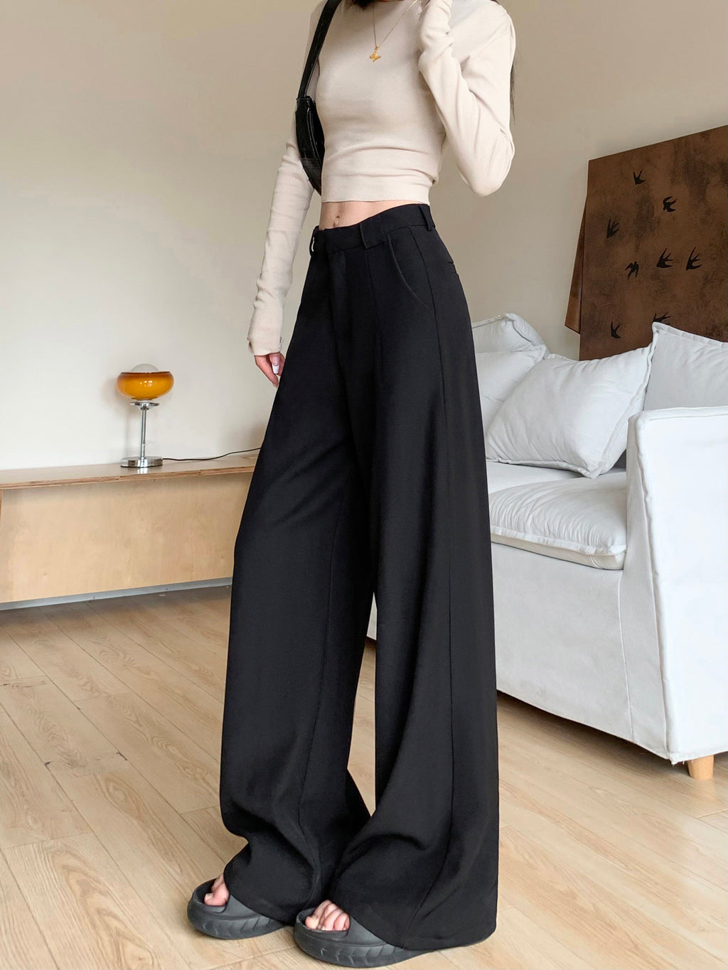 Women’s Black Wide-Leg Pants – 2025 Fall/Winter Loose Casual Straight-Leg Drape Suit Pants