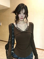 Leopard Print Fake Two-Piece V-Neck Long Sleeve Top