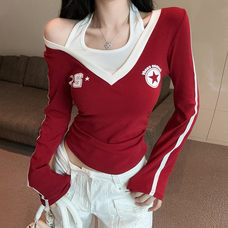 Color Block Off-Shoulder Faux Two-Piece Top