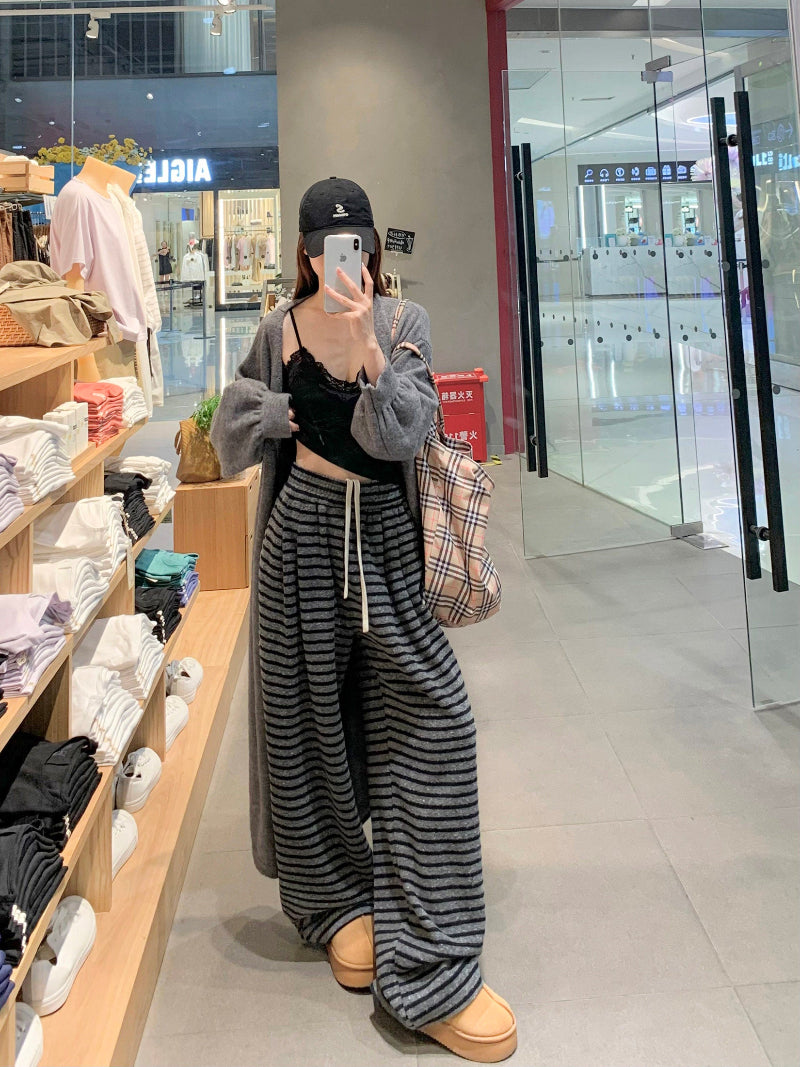 Women’s Gray Stripe Wide-Leg Fleece Pants – Winter Warm Lined Jogger Sweatpants