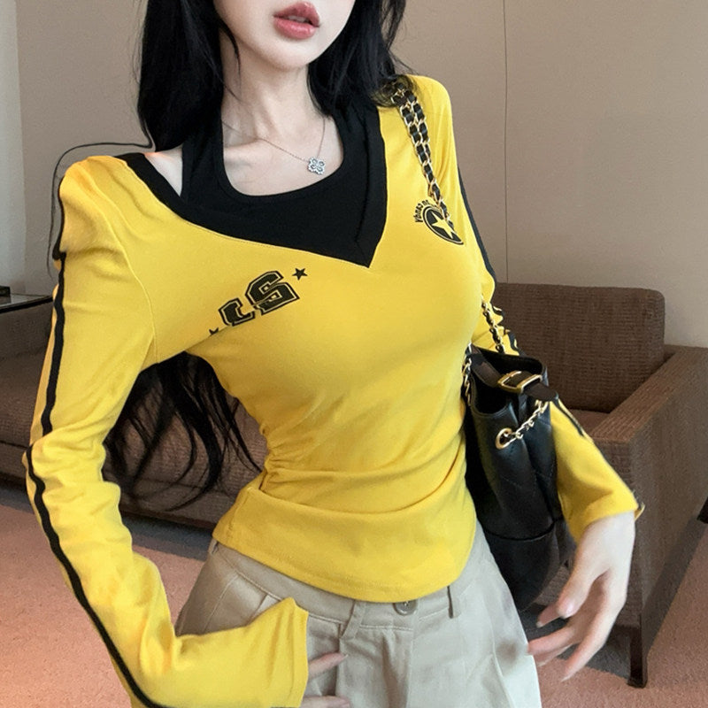 Color Block Off-Shoulder Faux Two-Piece Top