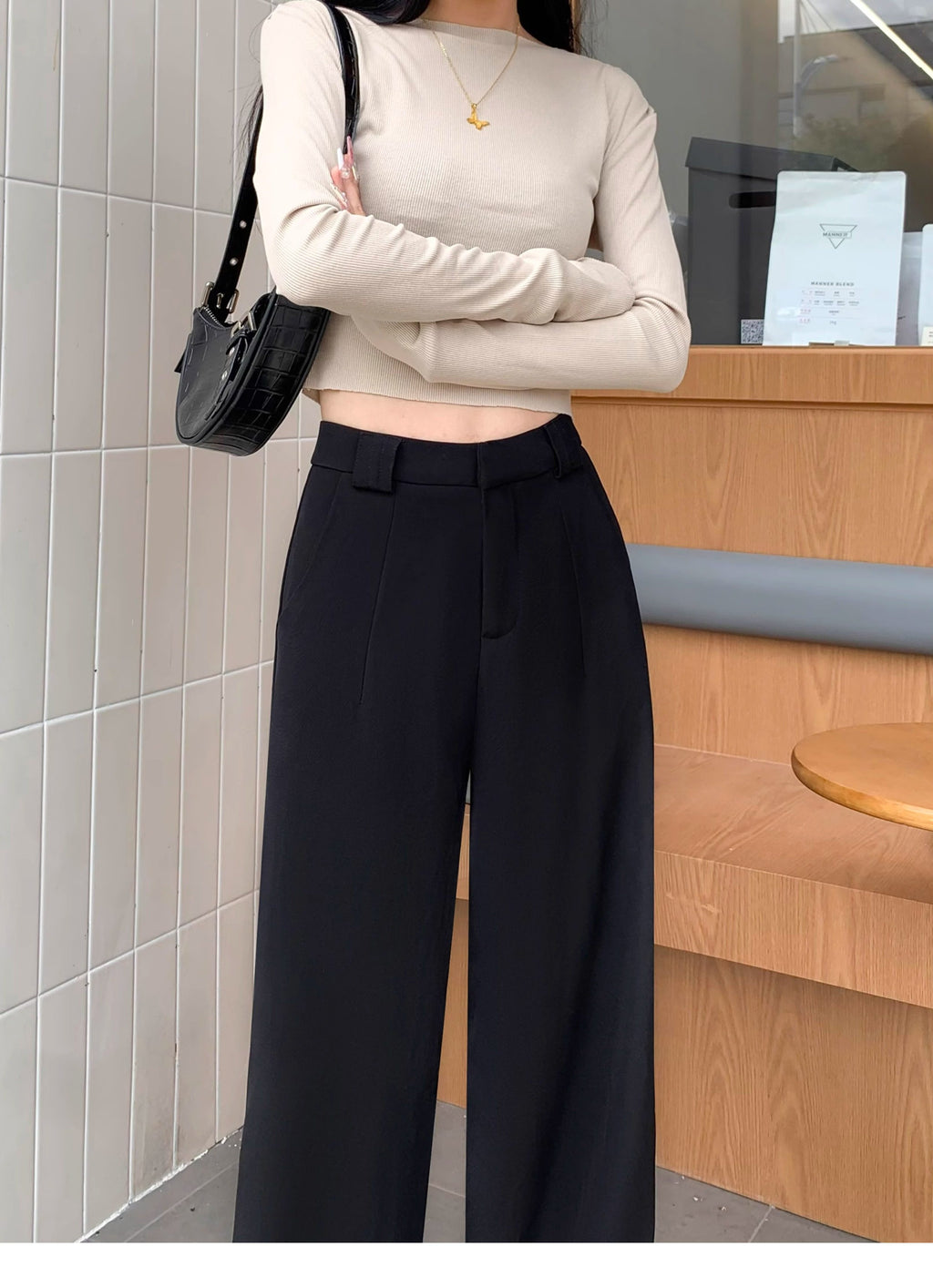 Women’s Black Wide-Leg Pants – 2025 Fall/Winter Loose Casual Straight-Leg Drape Suit Pants