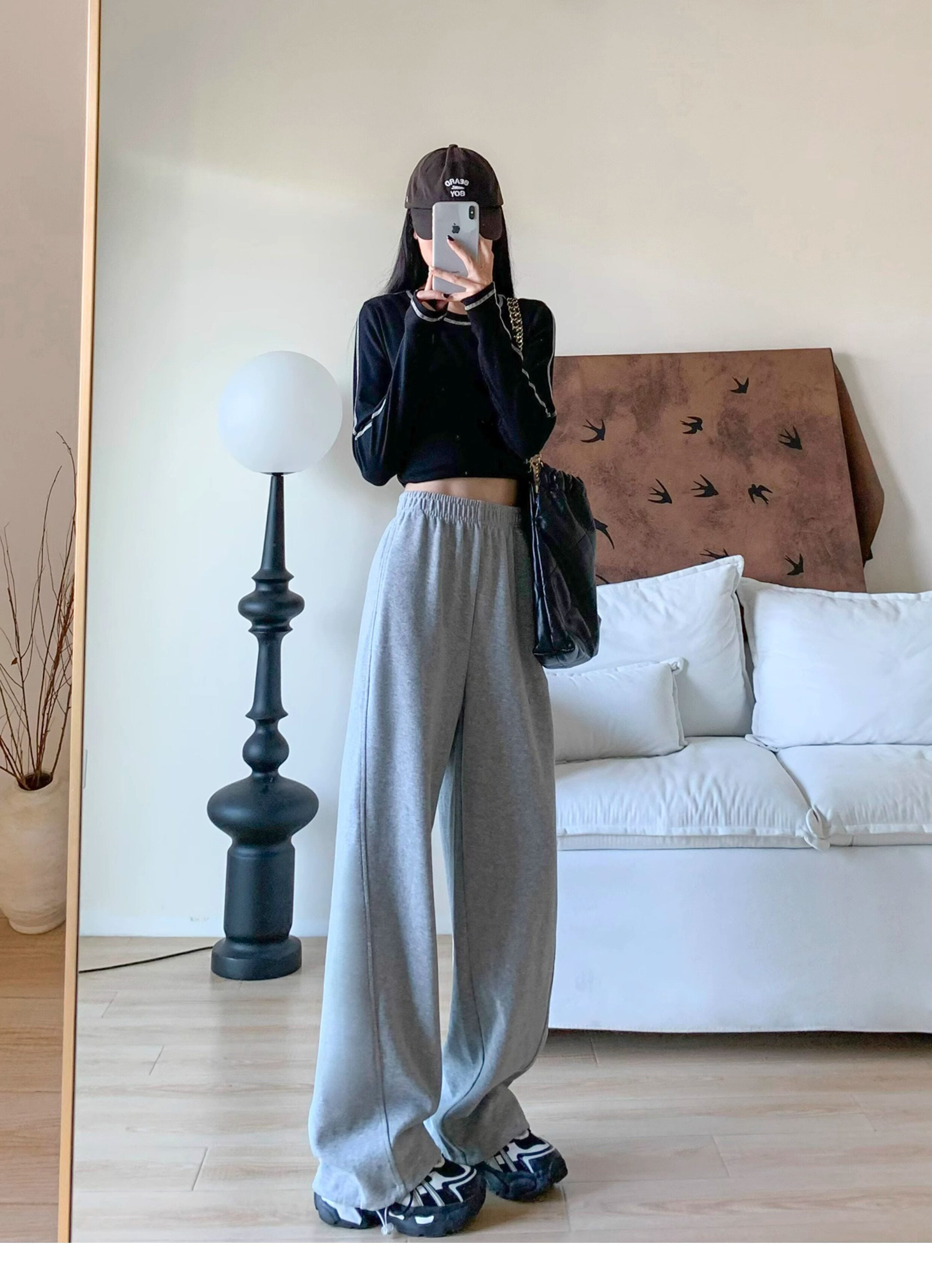 Gray Fleece Wide-Leg Sweatpants for Women – 2025 Winter Thickened Straight-Cut Glutinous Rice Pants