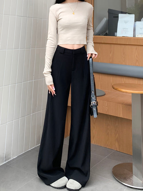 Women’s Black Wide-Leg Pants – 2025 Fall/Winter Loose Casual Straight-Leg Drape Suit Pants