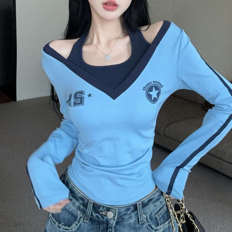 Color Block Off-Shoulder Faux Two-Piece Top