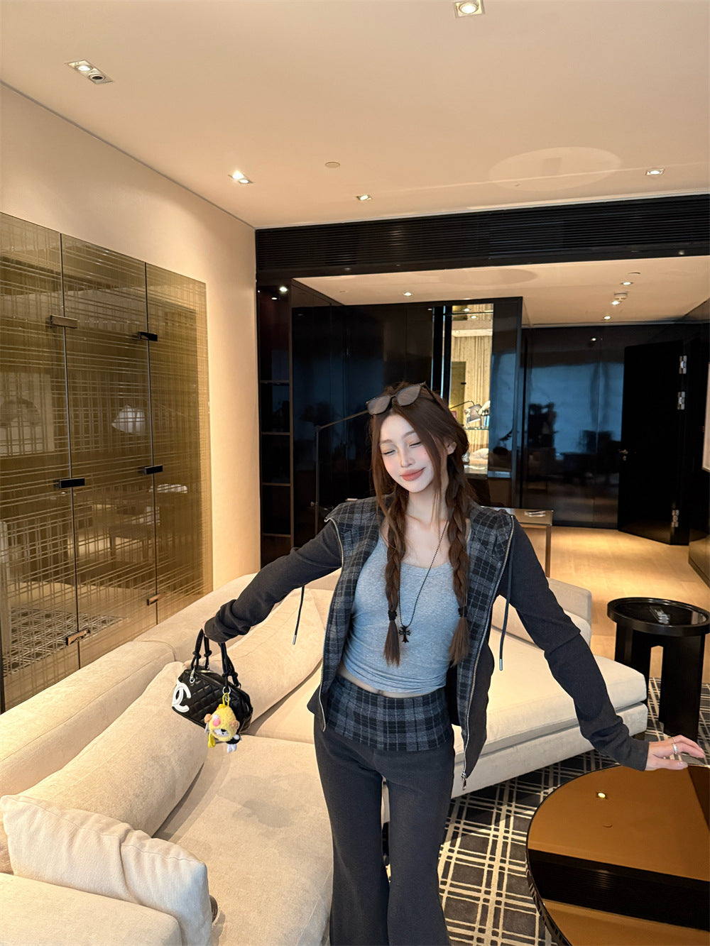 Checkered Hooded Sweatshirt Set