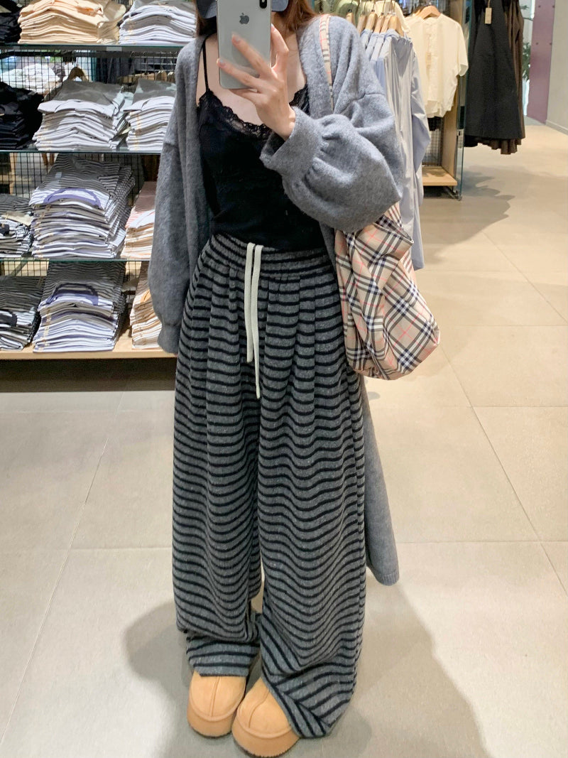 Women’s Gray Stripe Wide-Leg Fleece Pants – Winter Warm Lined Jogger Sweatpants