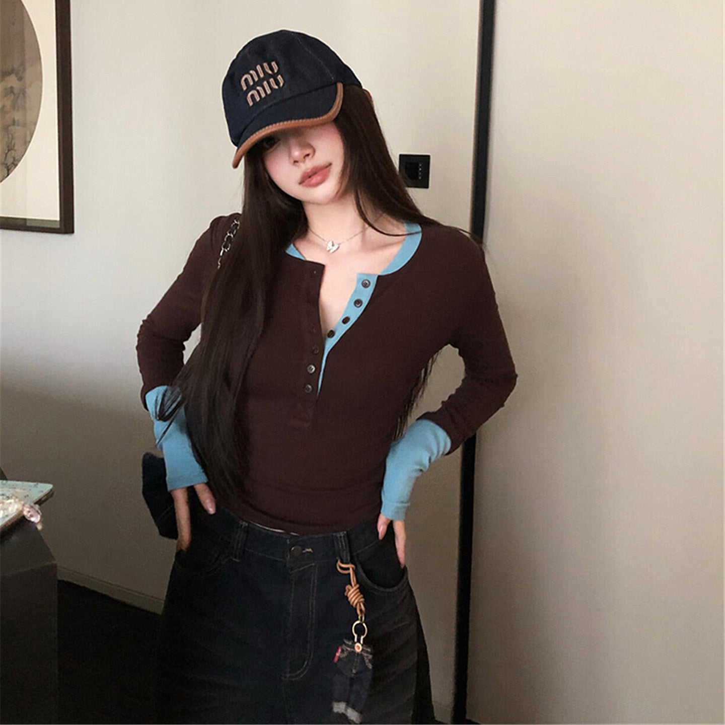 Korean Retro Color-Block Layered Long-Sleeve Top