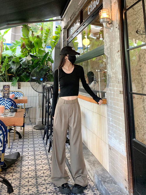 Khaki Wide-Leg Slacks for Women – 2025 Autumn/Winter High-Waist Straight Drape Suit Pants