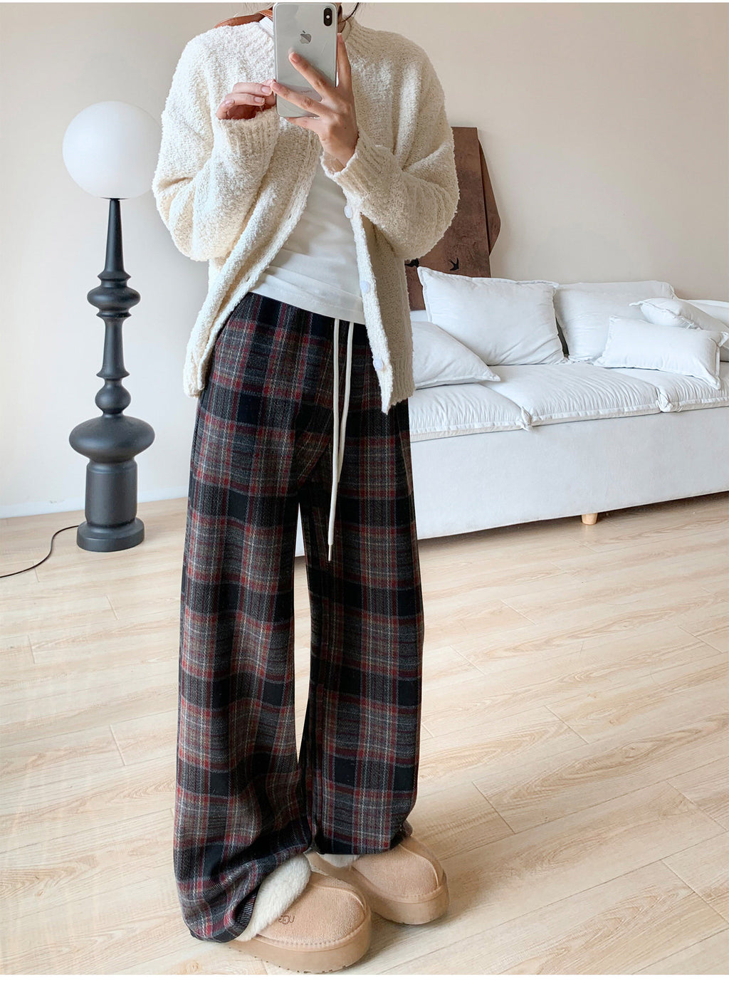 Women’s Plaid Wide-Leg Pants – 2025 Winter Fleece Thickened Straight-Leg Drape Sweatpants