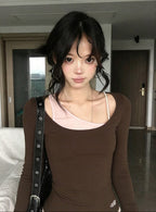 Faux Two-Piece Butterfly Bow Long Sleeve Top – Slim Fit