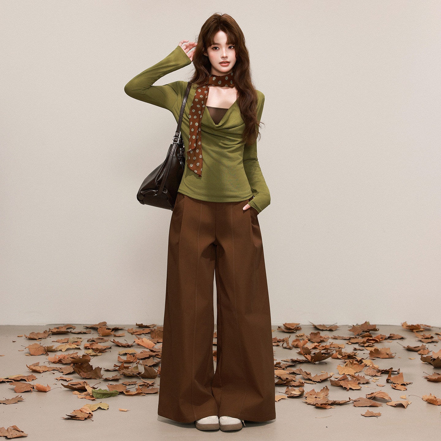 Silk Scarf Neck Two-Piece Top - Brown