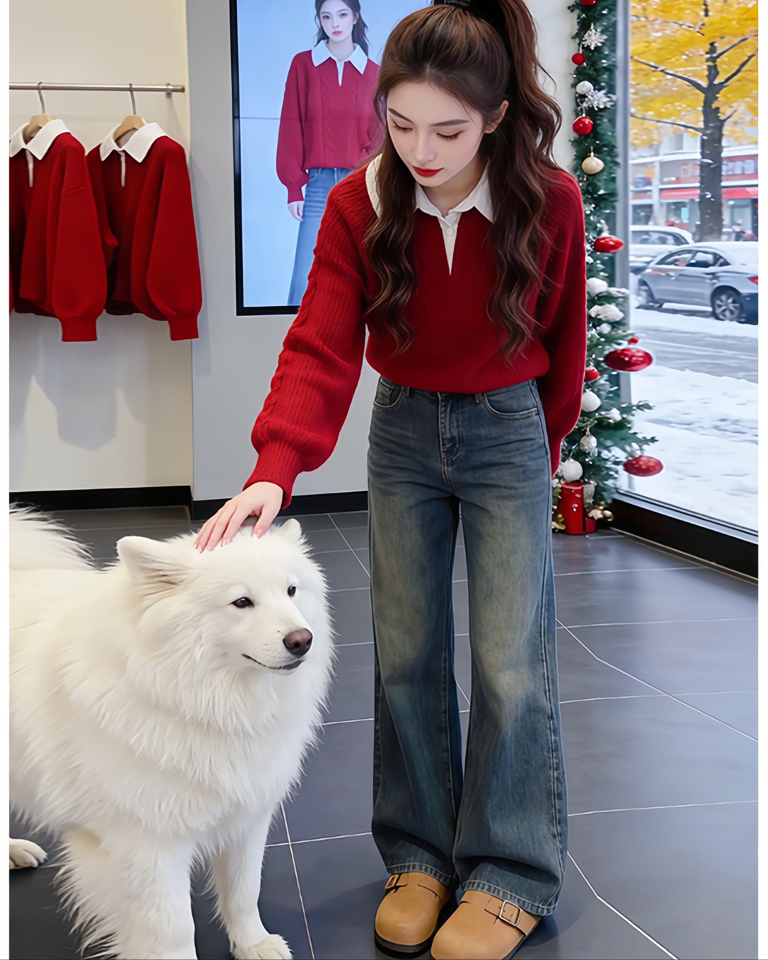 Red Polo Collar Knit Sweater - 2026 Spring/Autumn