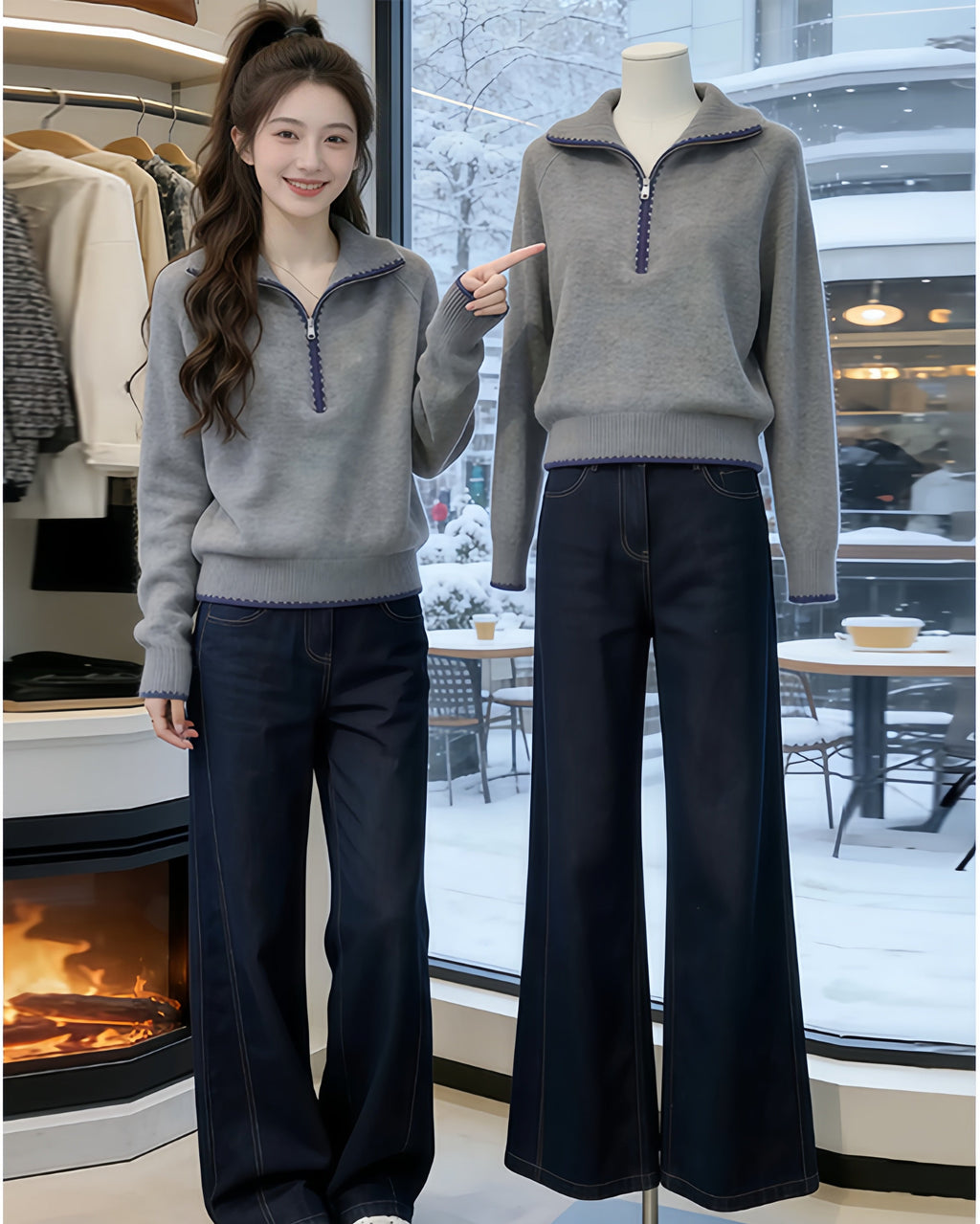 Contrasting half-zip turtleneck knitted top