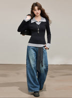 Gray Layered Knit Jacket - Lapel Design