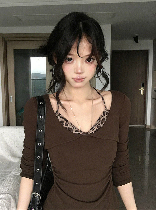 Leopard Print Fake Two-Piece V-Neck Long Sleeve Top