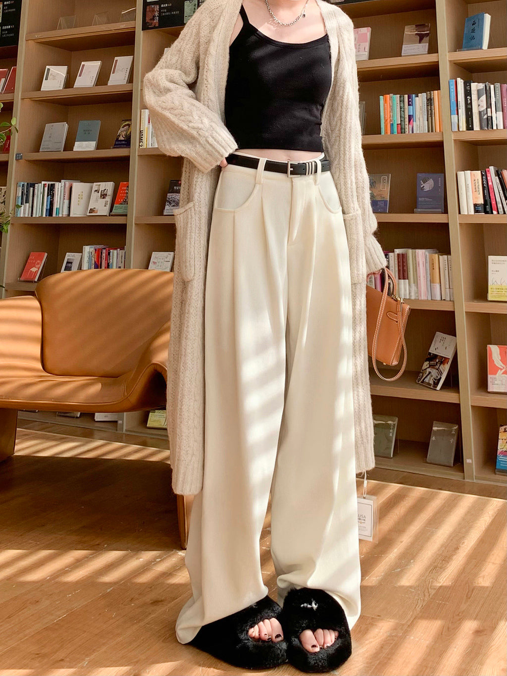 Women’s Winter White Wide-Leg Pants | Fleece Lined Straight-Leg Drape Pants