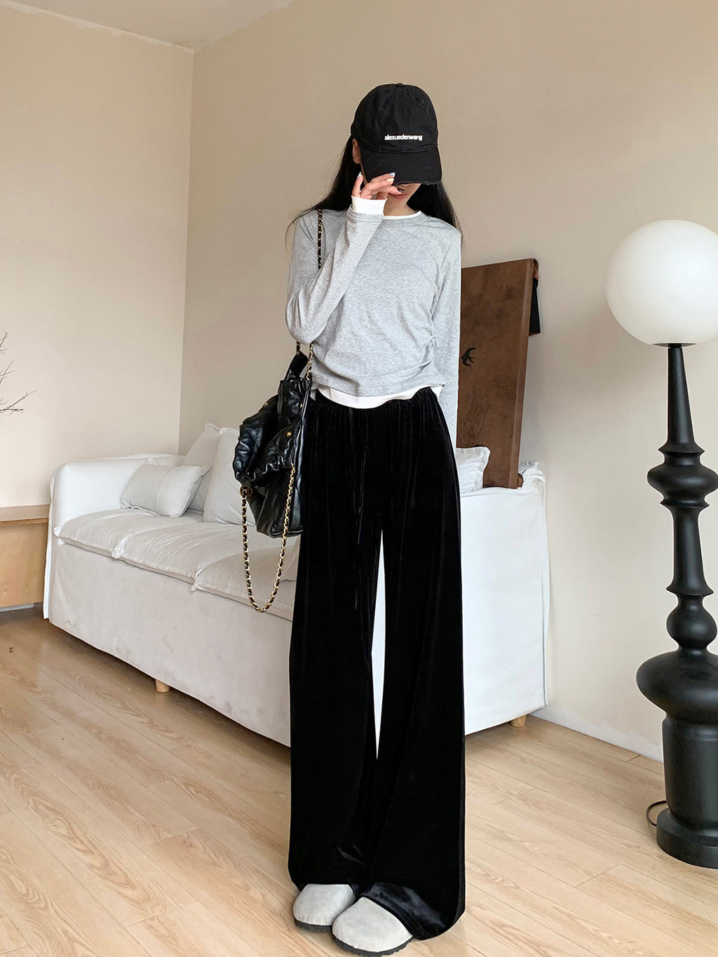 Women’s Gold Velvet Wide-Leg Pants – 2025 Winter Fleece-Lined Straight Drape Casual Trousers