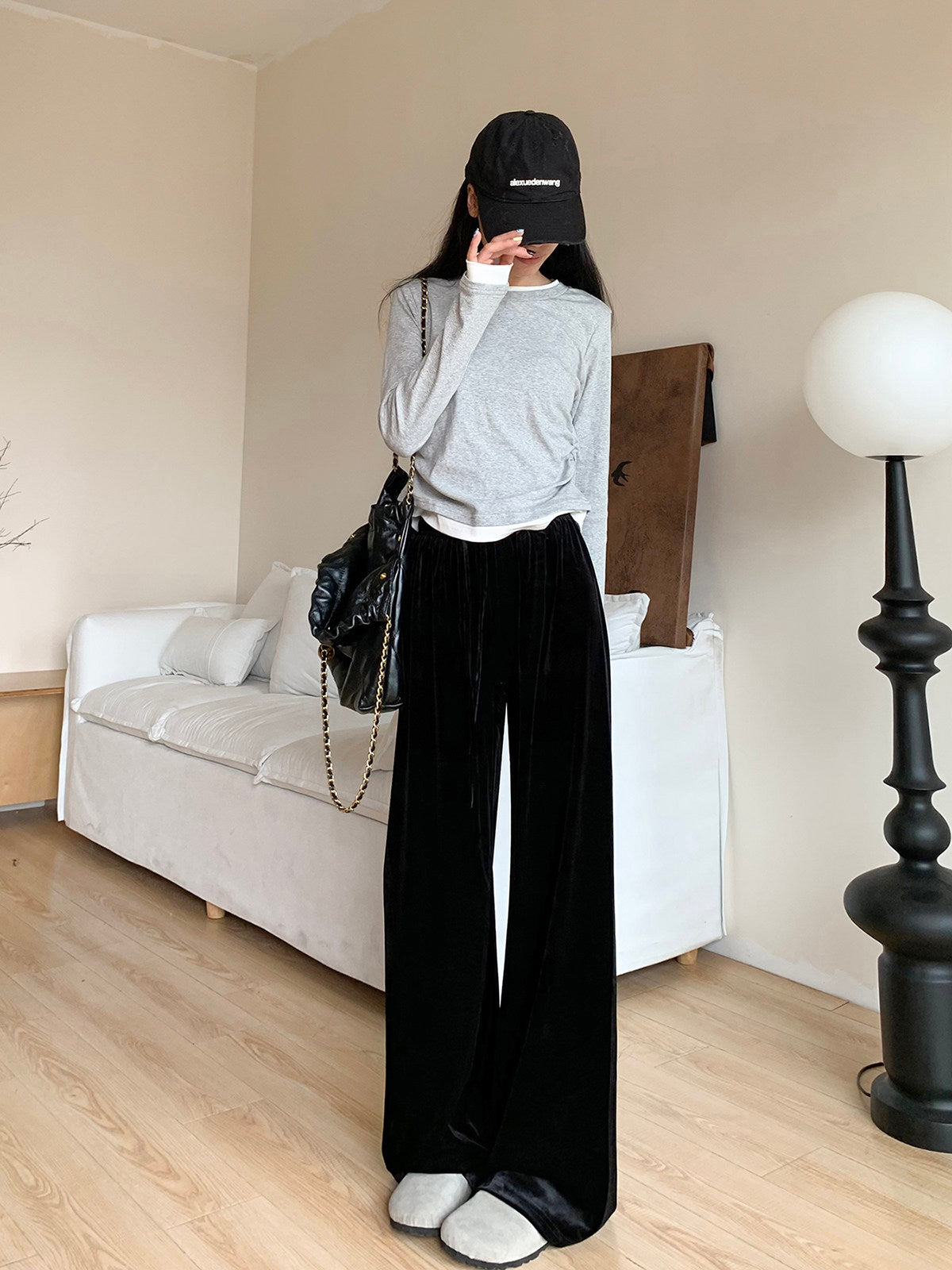 Women’s Gold Velvet Wide-Leg Pants – 2025 Winter Fleece-Lined Straight Drape Casual Trousers