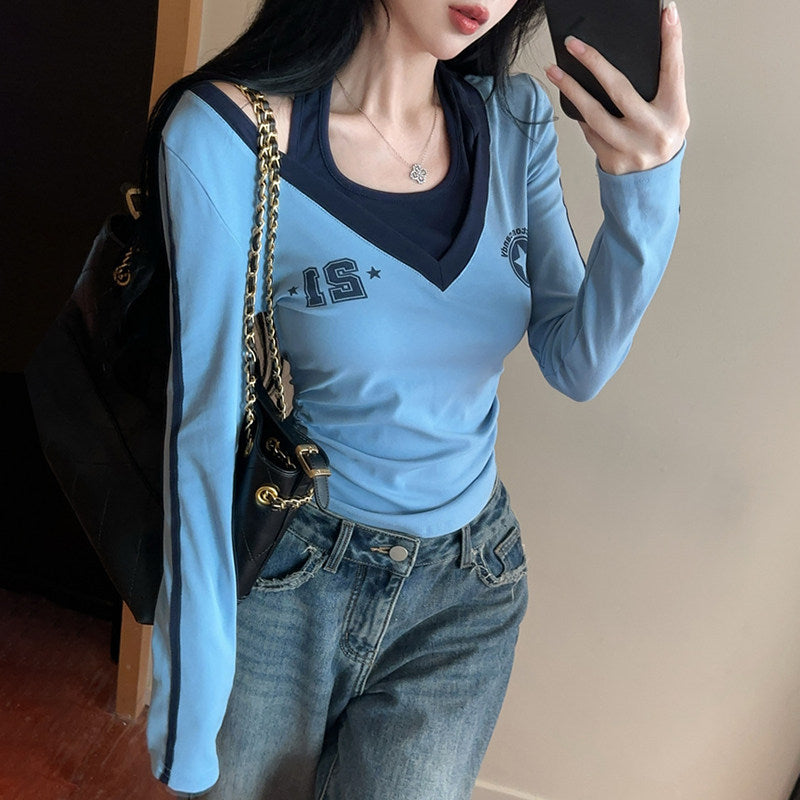 Color Block Off-Shoulder Faux Two-Piece Top